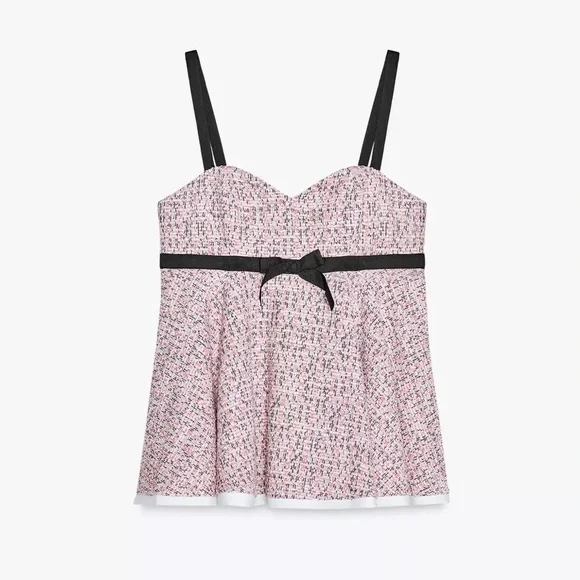 Zara Combination Structure Top Pink Black Tweed with Bow Ref 3644/172/620 NWT - Picture 5 of 13